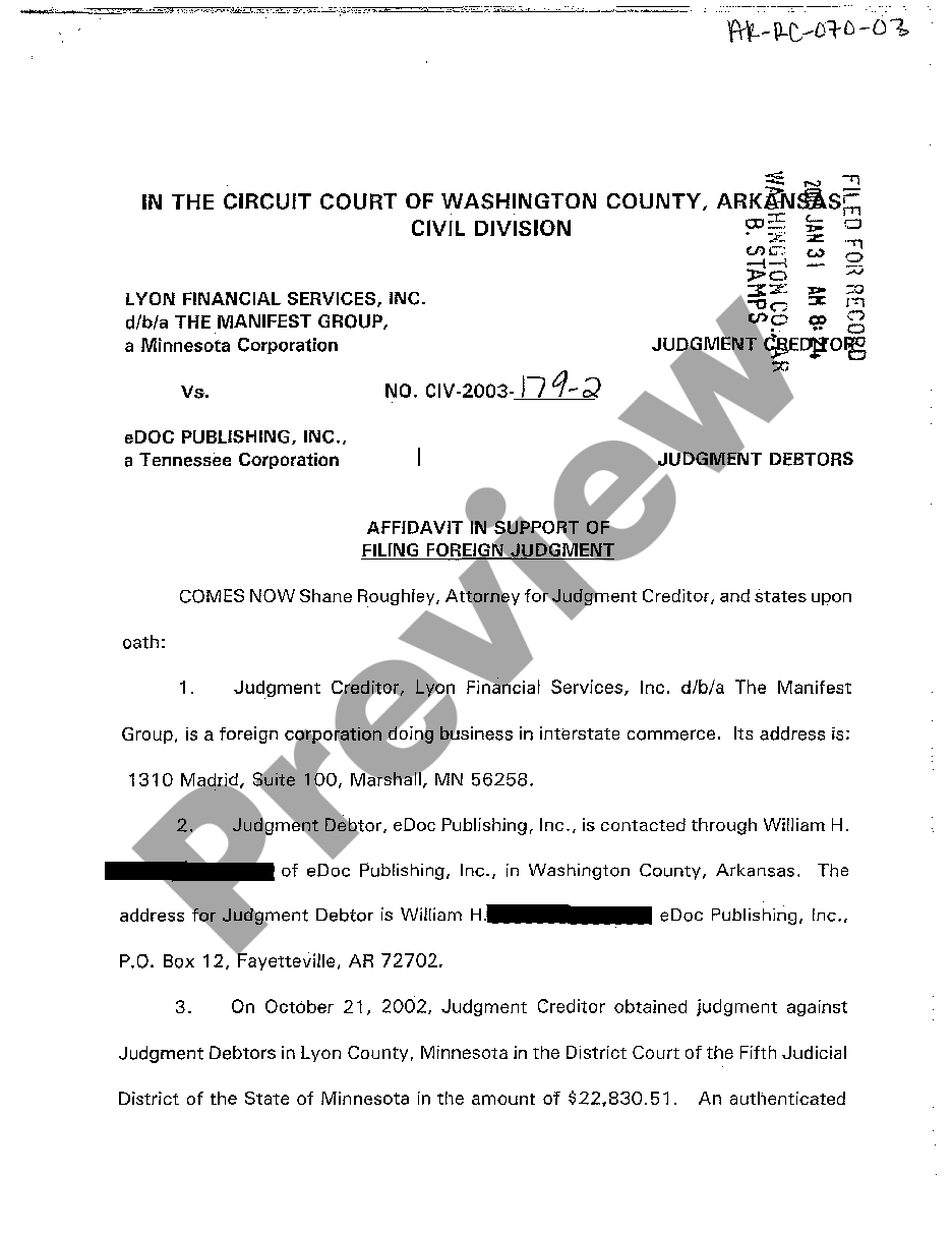 page 0 A03 Affidavit in Support of Filing Foreign Judgment preview