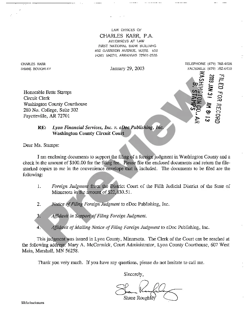 Preview A05 Letter regarding filing of Application for Registration of Foreign Judgment