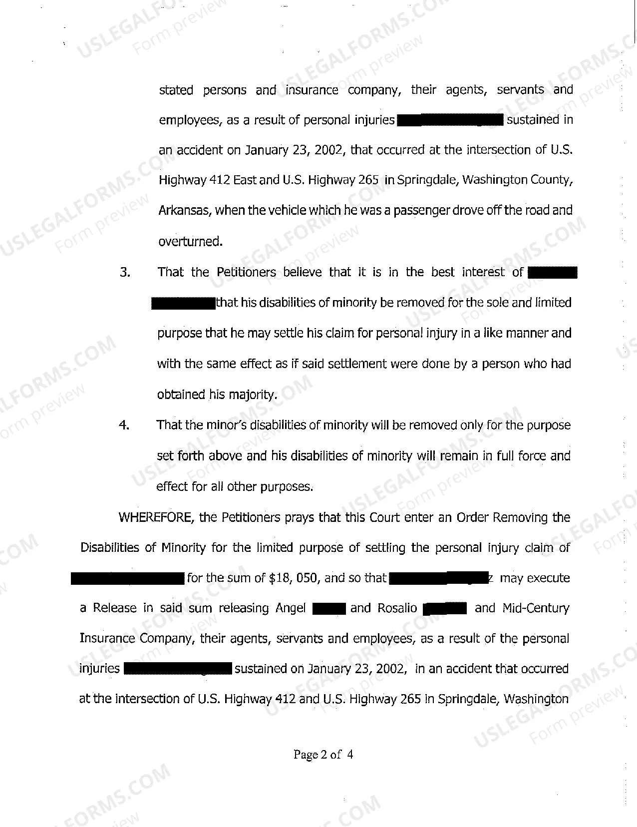 Preview A02 Petition for Removal of Disabilities of Minority for Limited Purpose of Settling Personal Injury Claim