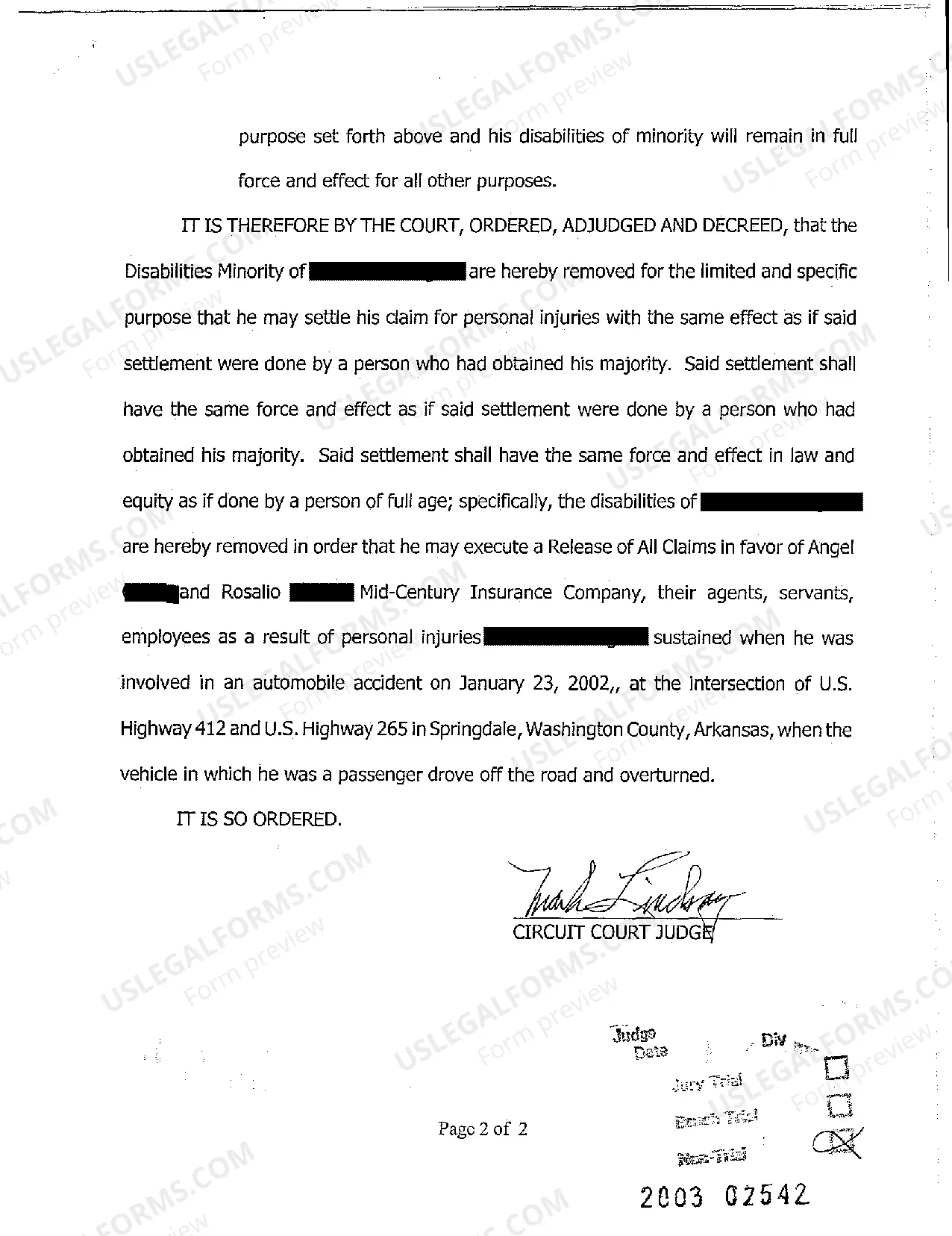 Preview A03 Order for Removal of Disabilities for Limited Purpose of Settling Injury Claim