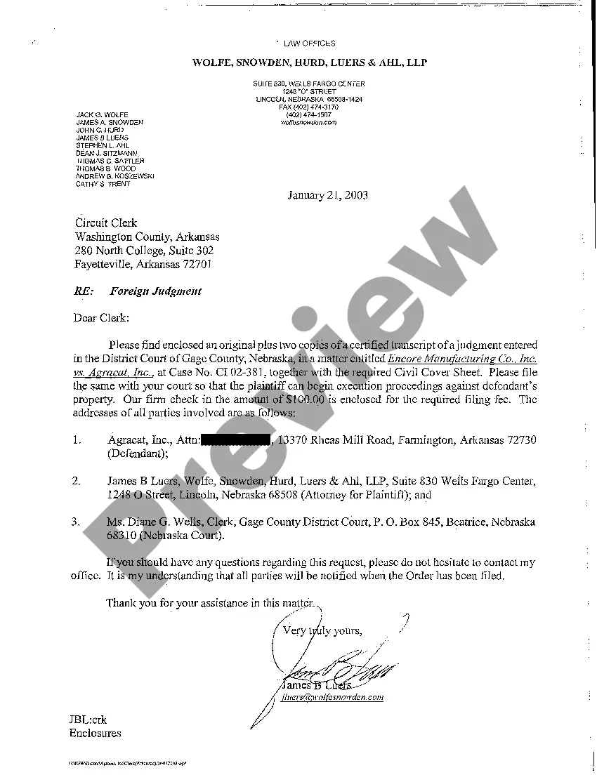 Preview A02 Letter regarding filing of foreign judgment