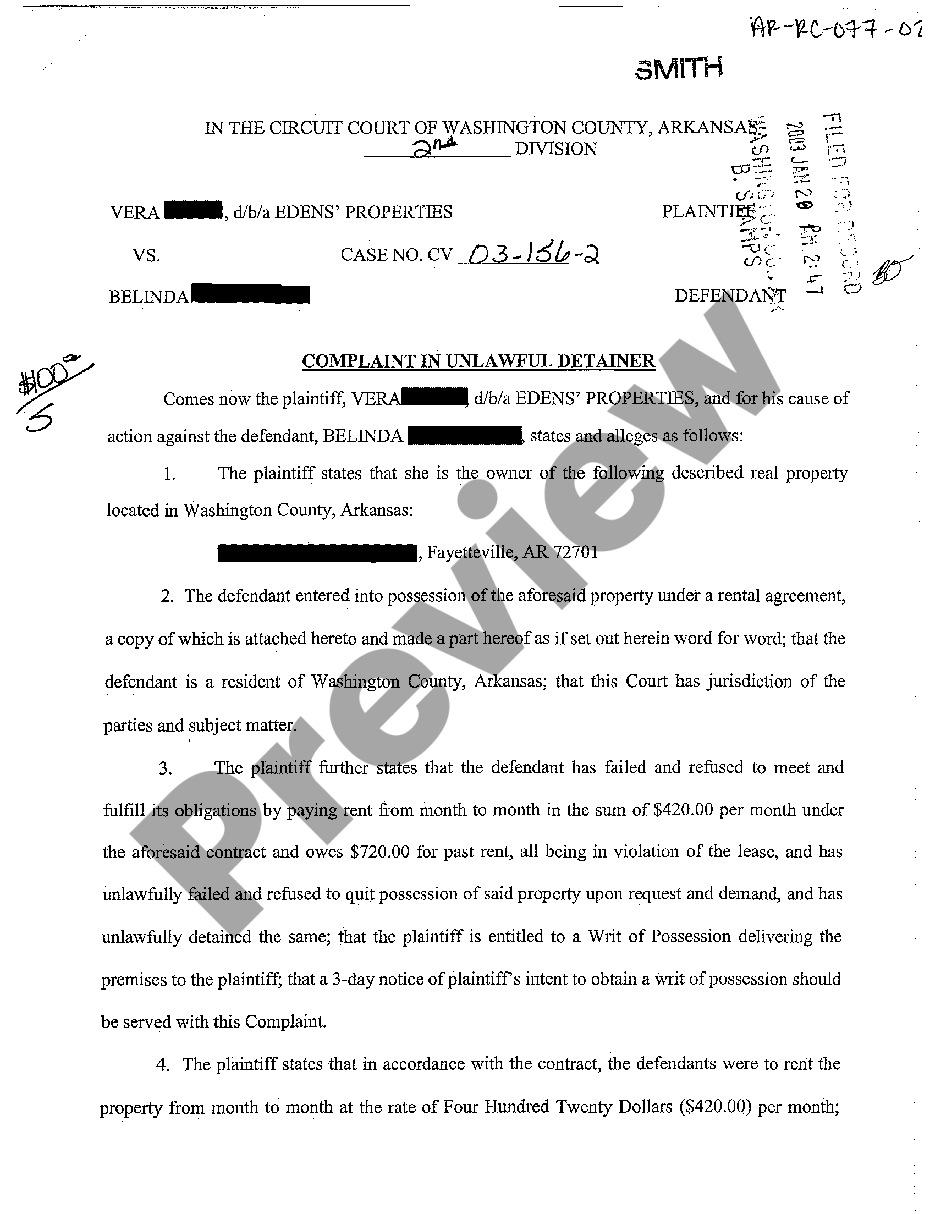 Arkansas Complaint in Unlawful Detainer Arkansas Unlawful Detainer