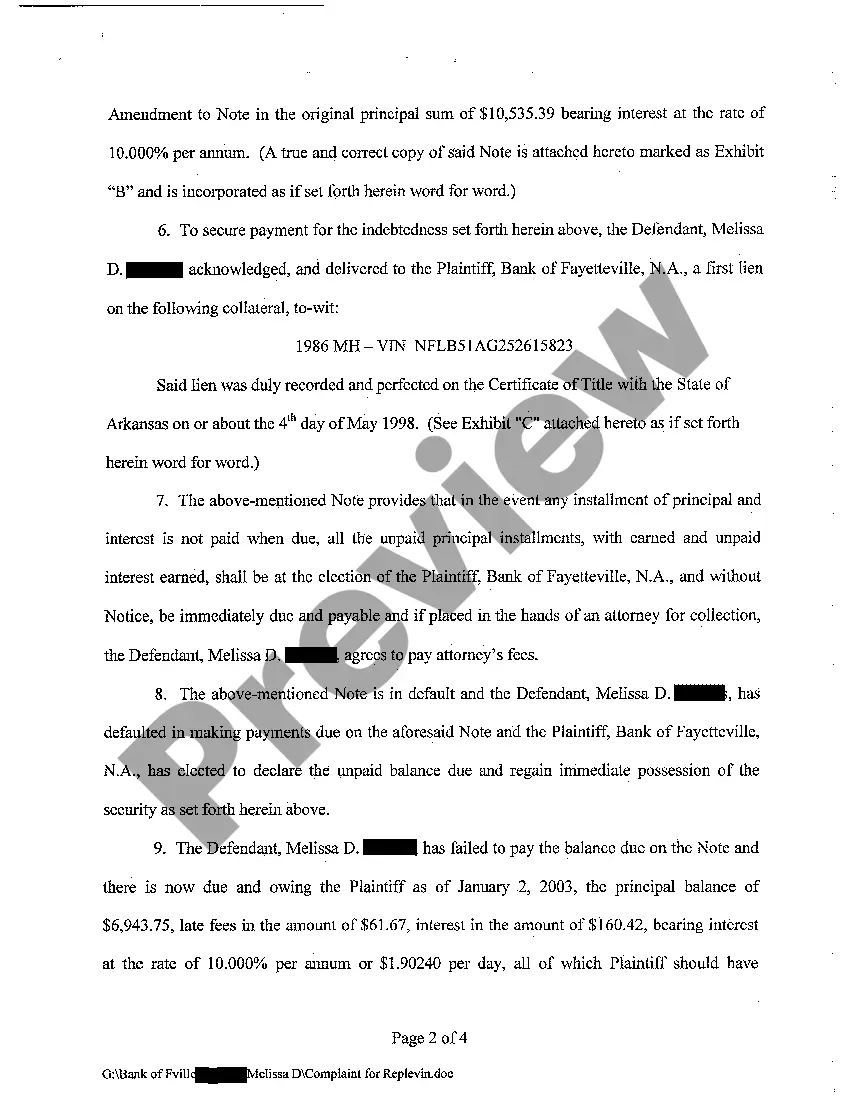 Get A02 Complaint for Replevin Preview A02 Complaint for Replevin