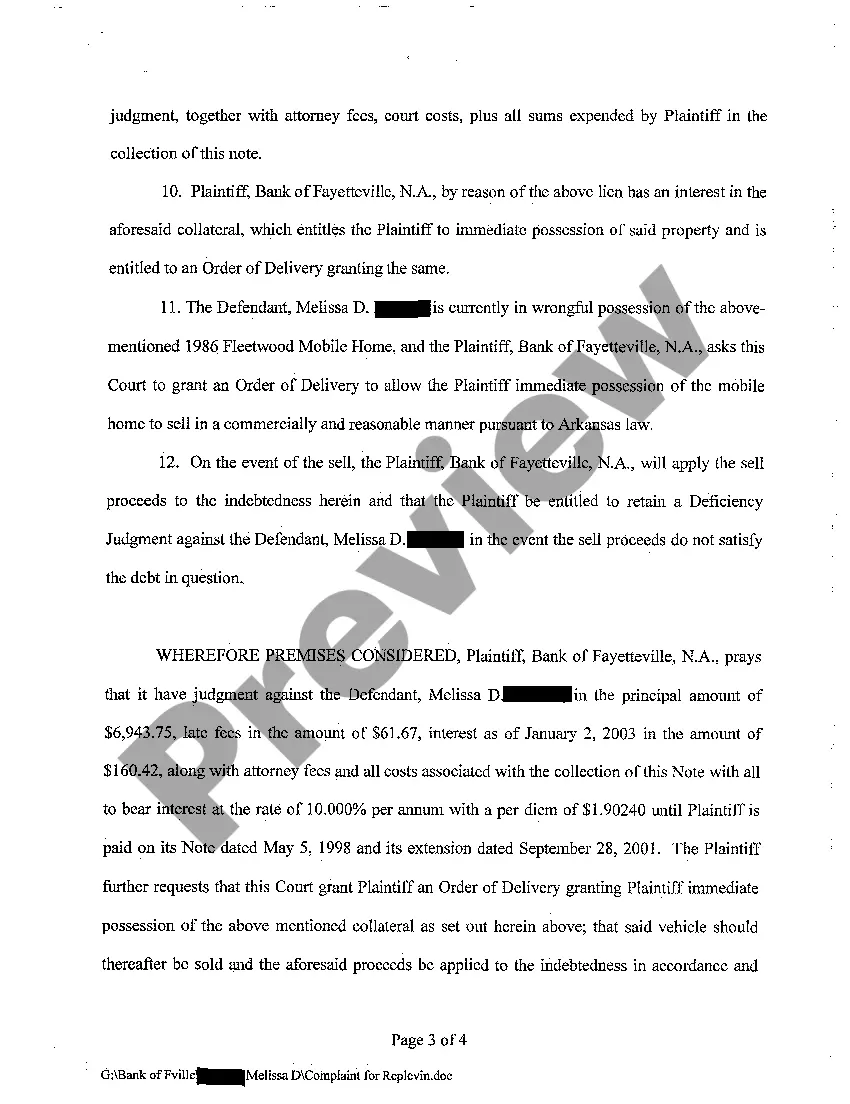 Get A02 Complaint for Replevin Preview A02 Complaint for Replevin