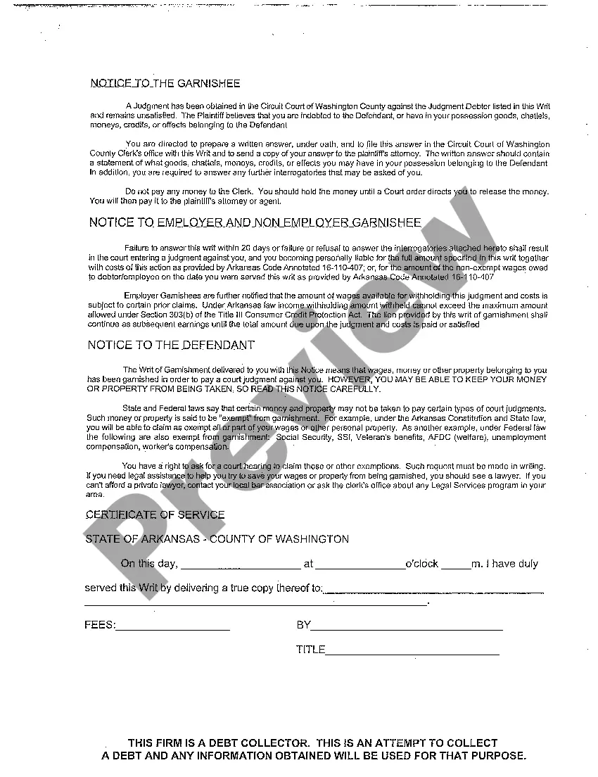 Arkansas Writ of Garnishment - Garnish Wages Meaning | US Legal Forms