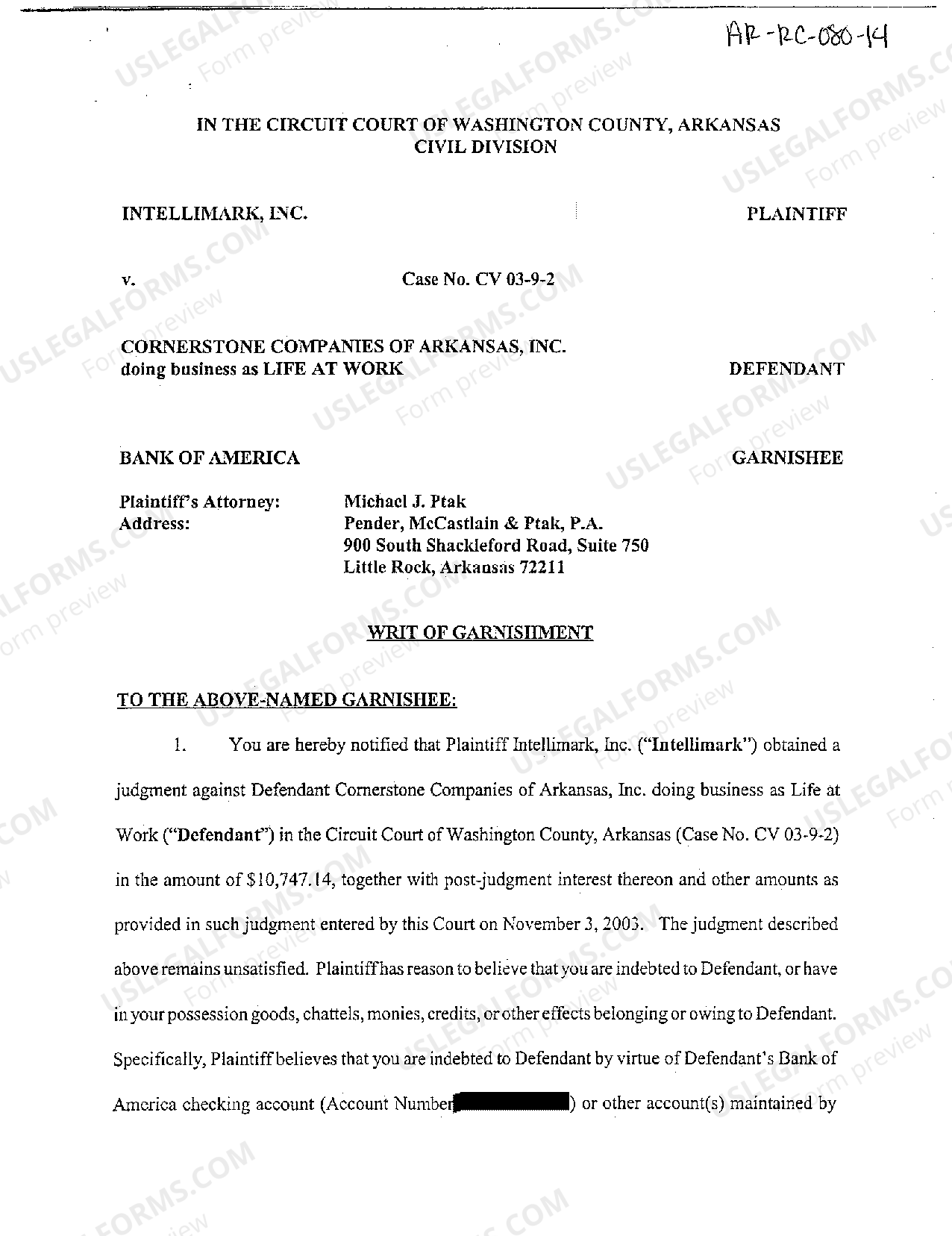 Arkansas Writ of Garnishment Arkansas Writ Of Garnishment Form US
