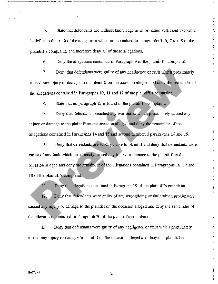 Preview A07 Answer to Complaint for Product Liability