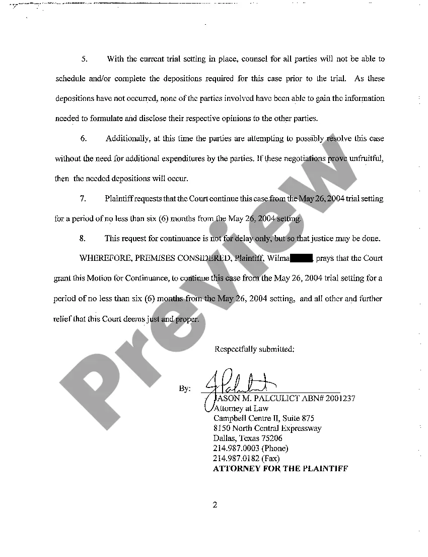 Preview A14 Plaintiff's Motion for Continuance