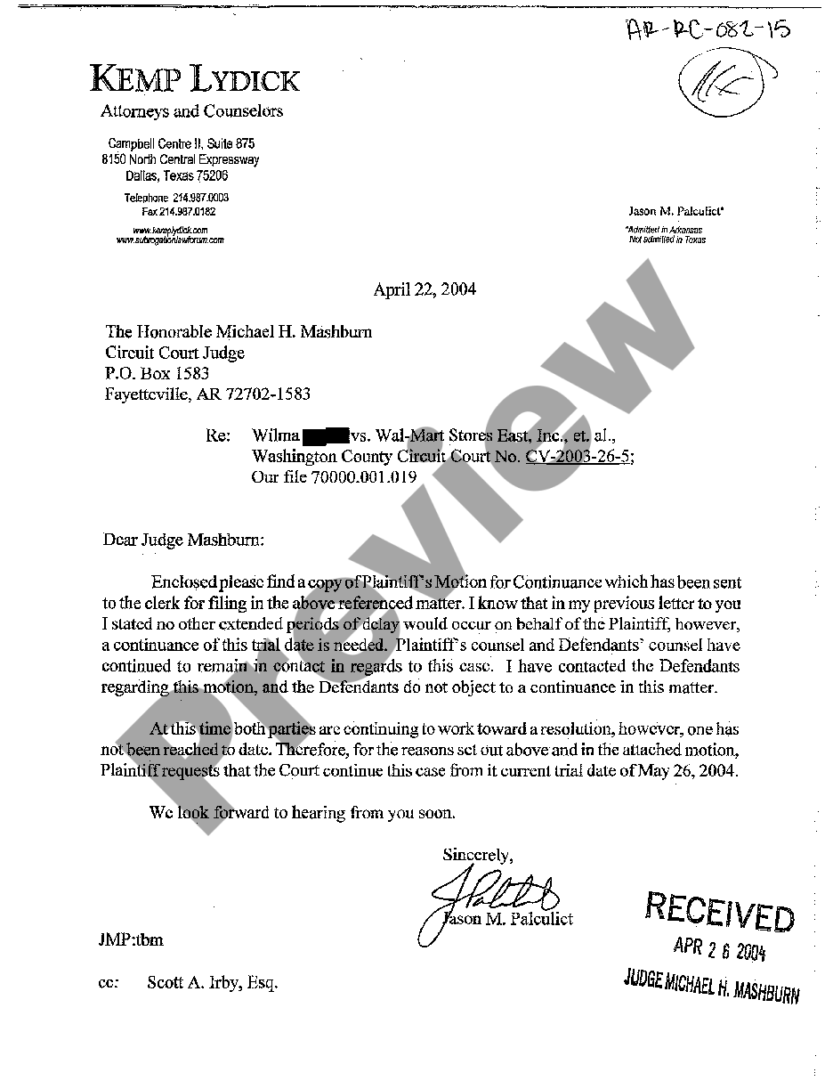 Arkansas Letter to Judge regarding filing of Motion to Continuance