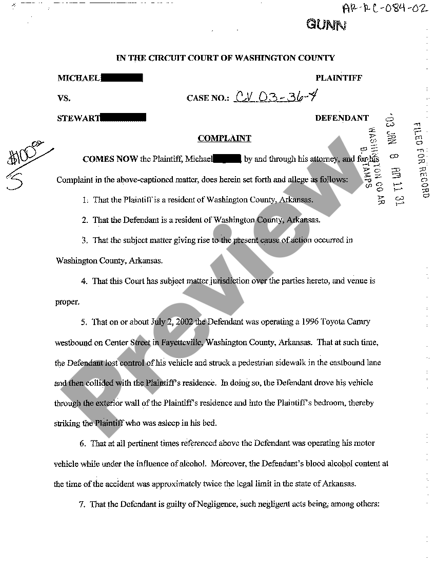 Little Rock Arkansas Complaint for Motor Vehicle Negligence US Legal