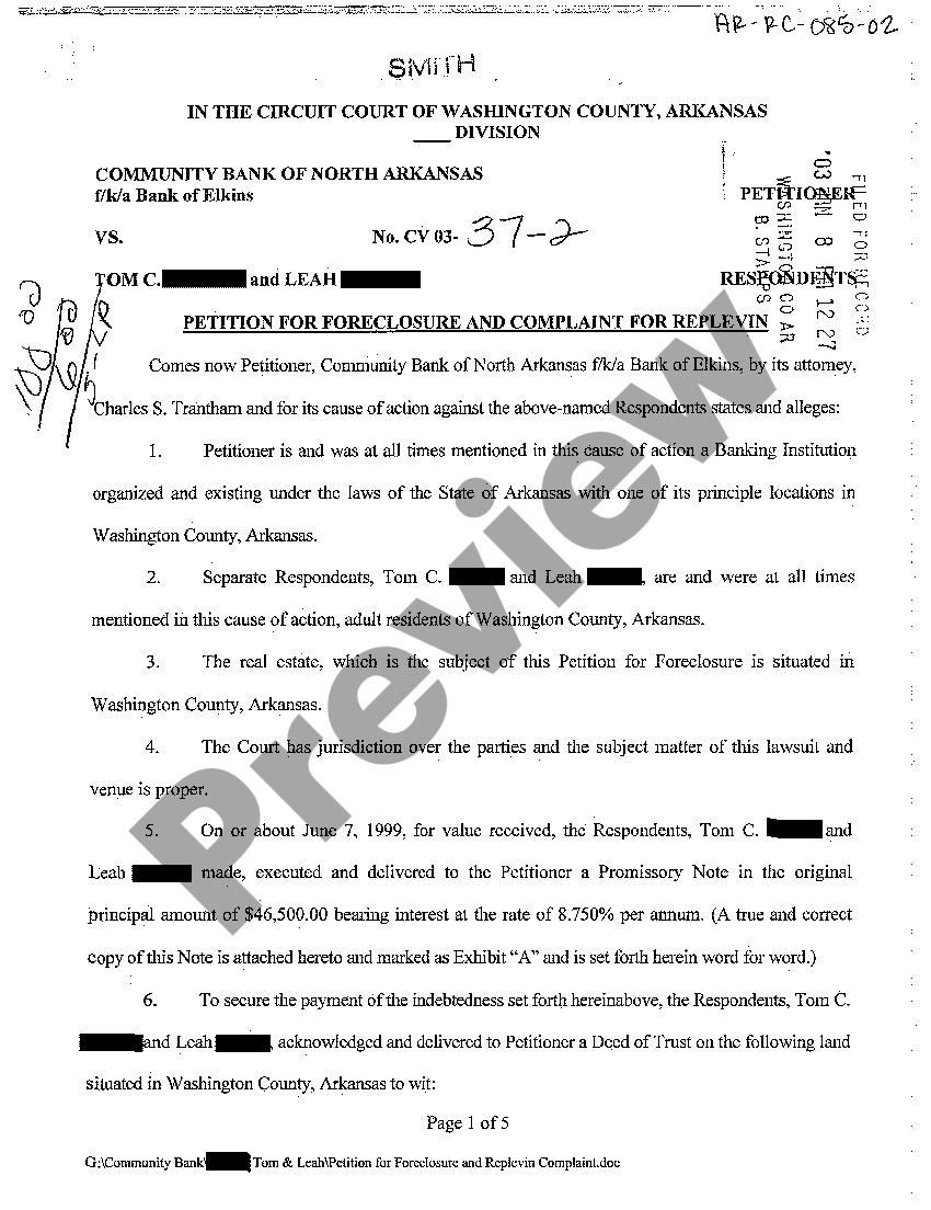 Arkansas Petition for Foreclosure and Complaint for Replevin US Legal