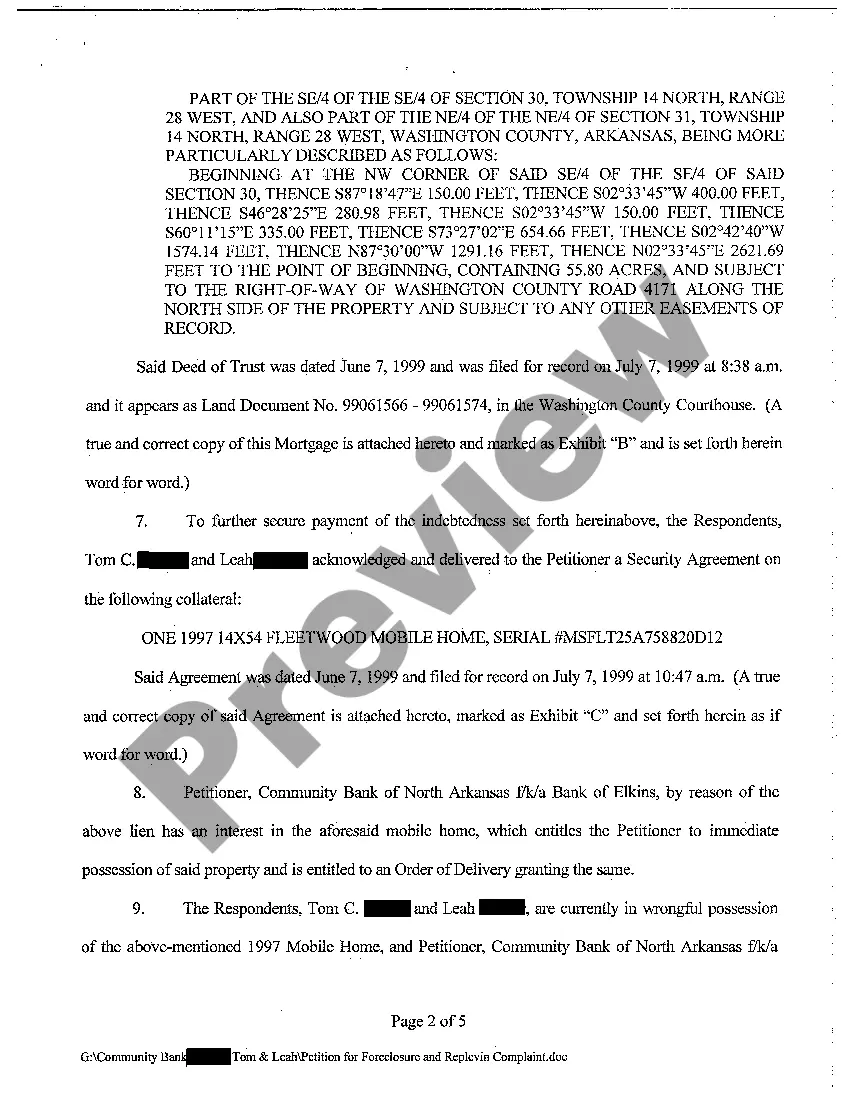 Preview A02 Petition for Foreclosure and Complaint for Replevin