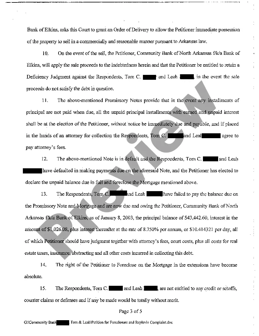 Preview A02 Petition for Foreclosure and Complaint for Replevin