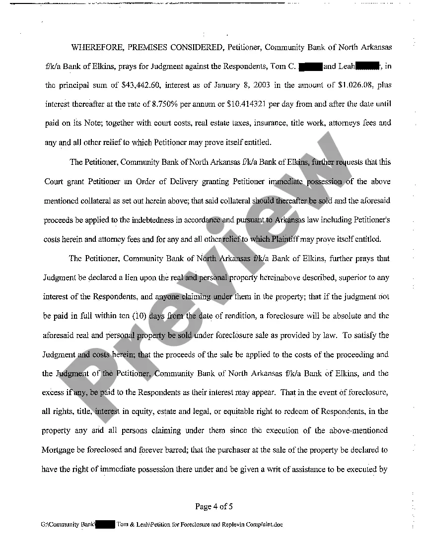 Preview A02 Petition for Foreclosure and Complaint for Replevin