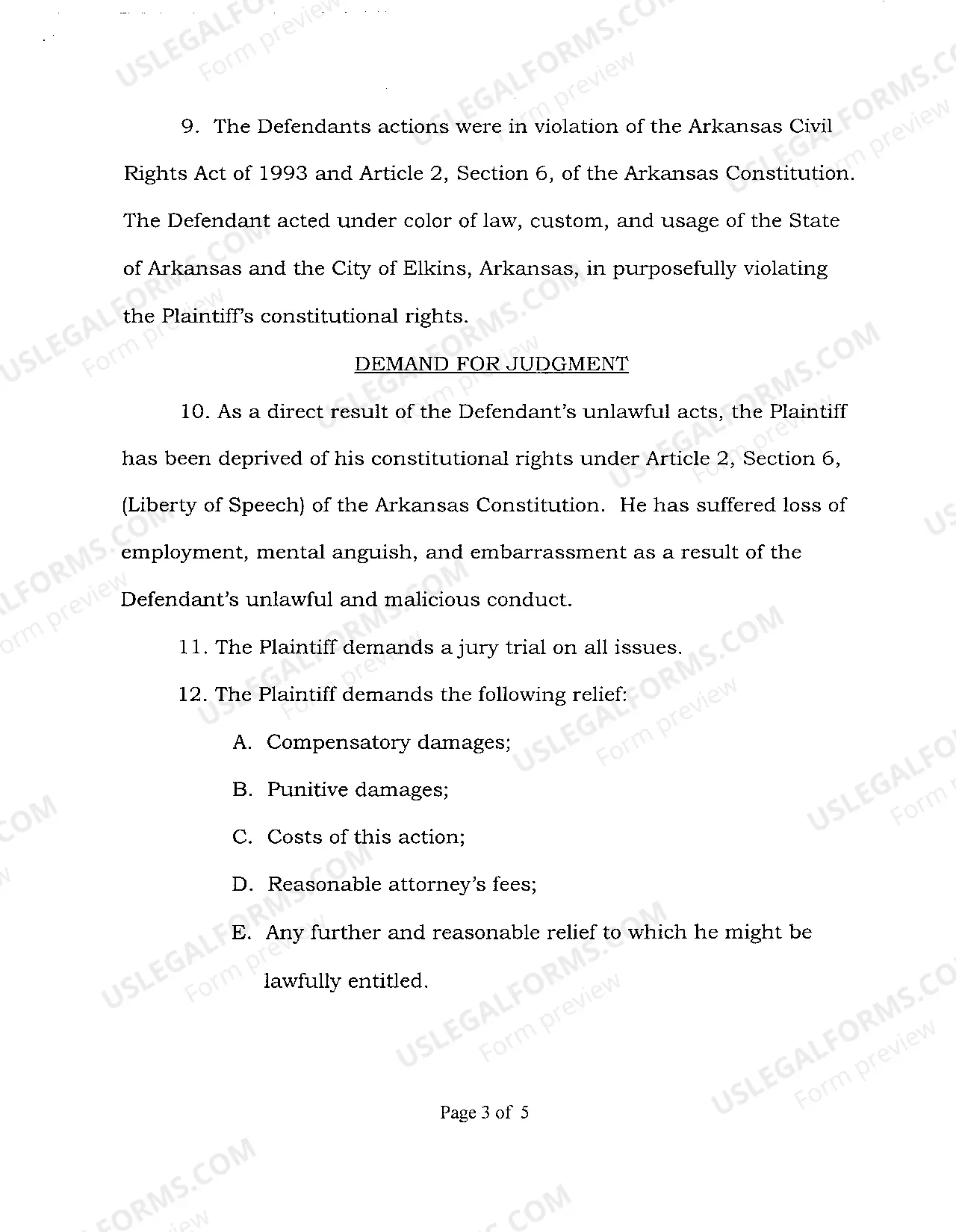 Preview A02 Complaint for Violation of Arkansas Civil Rights Act of 1993