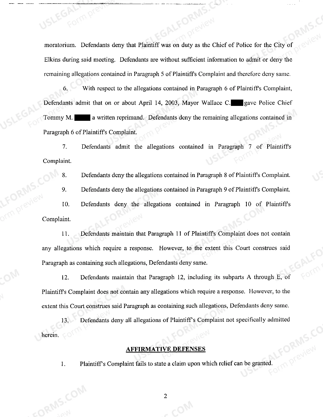 Preview A06 Answer to Complaint for Violation of Arkansas Civil Rights Act of 1993