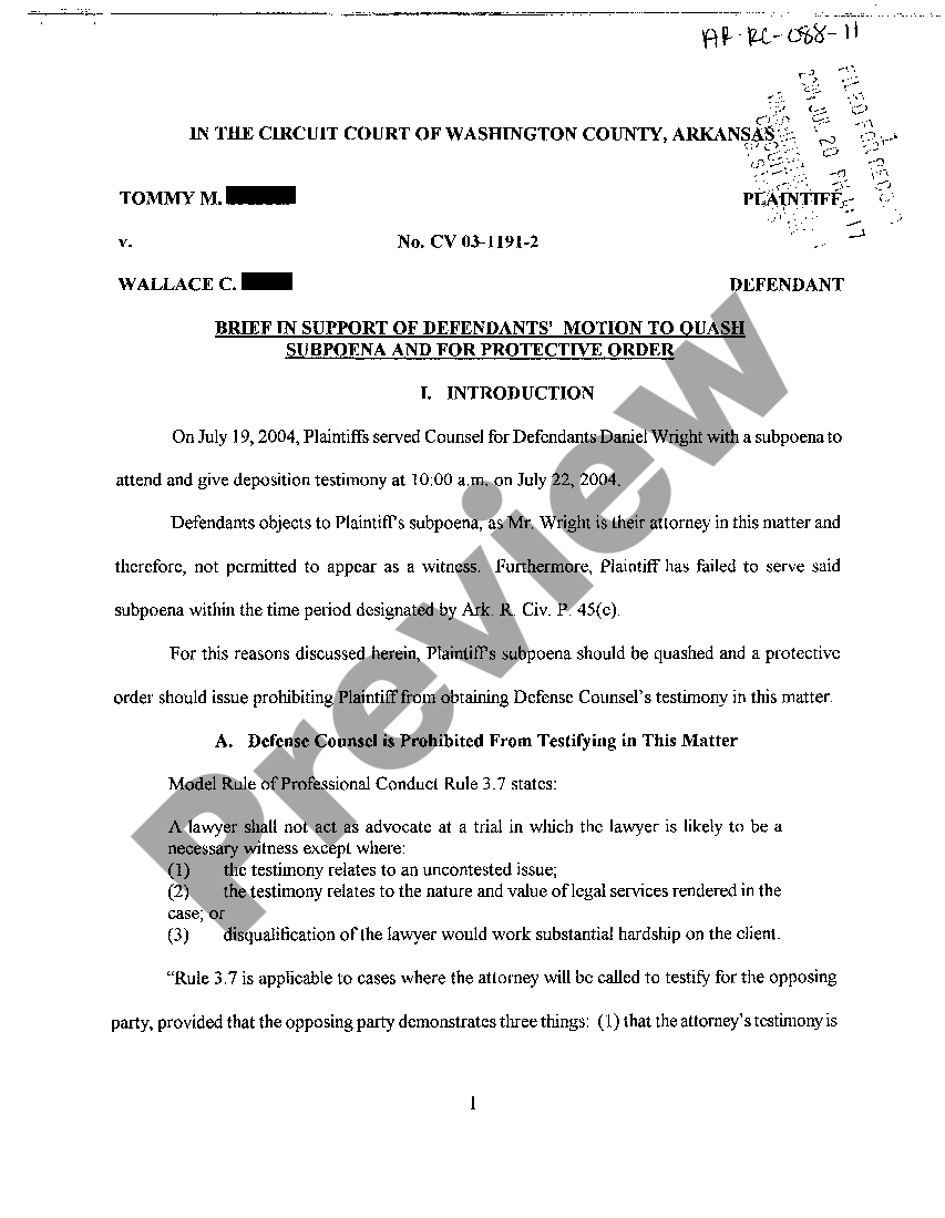 Arkansas Brief in Support of Defendant's Motion to Quash Subpoena and