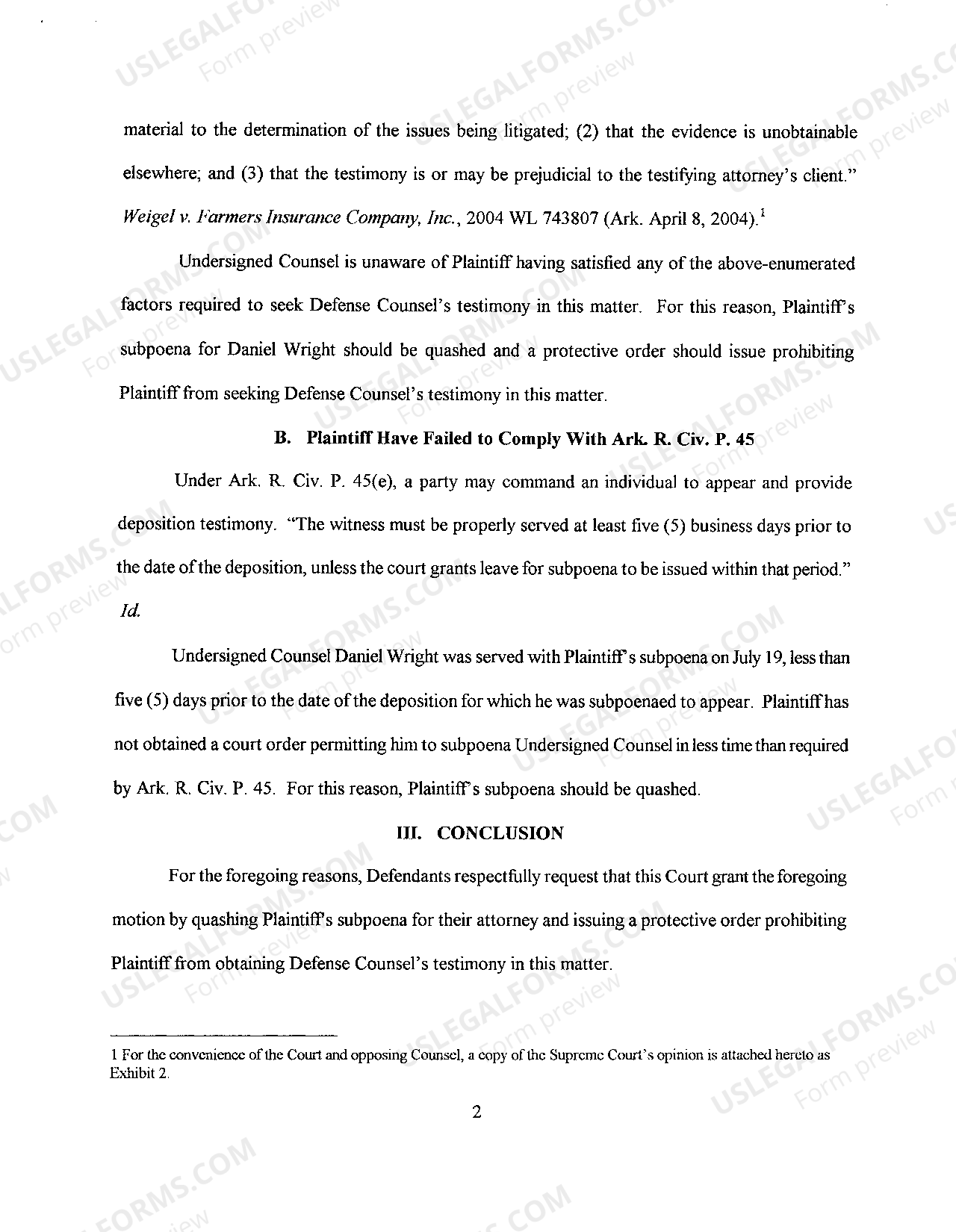 Arkansas Brief in Support of Defendant's Motion to Quash Subpoena and for Protective Order US