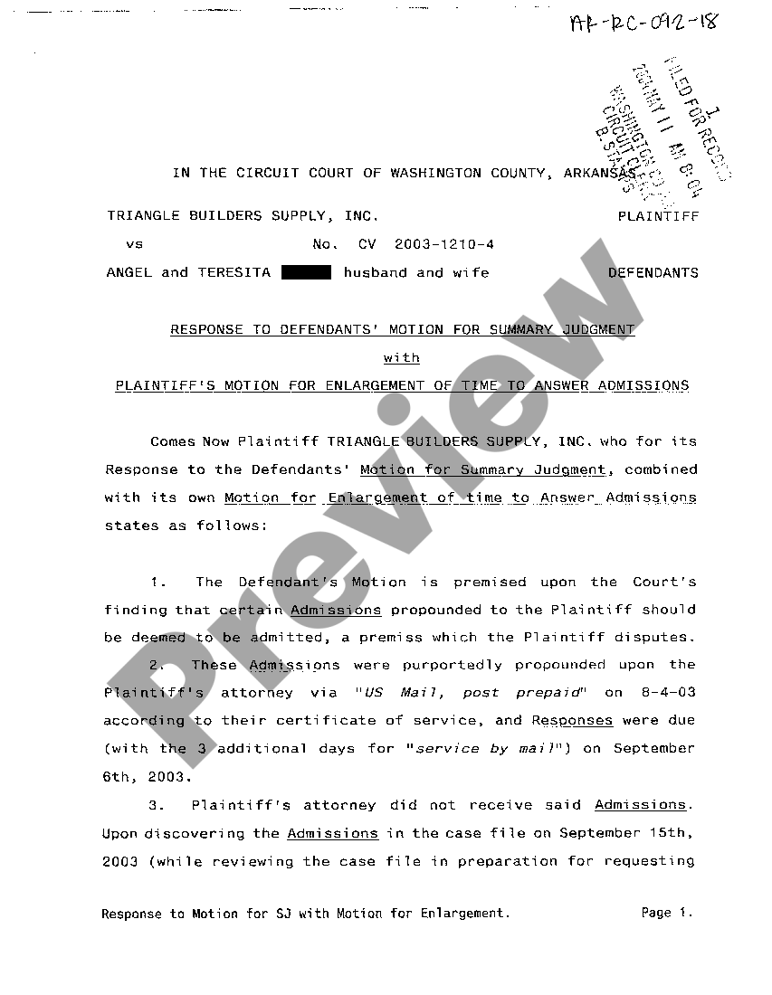Arkansas Response to Defendant's Motion for Summary Judgment with