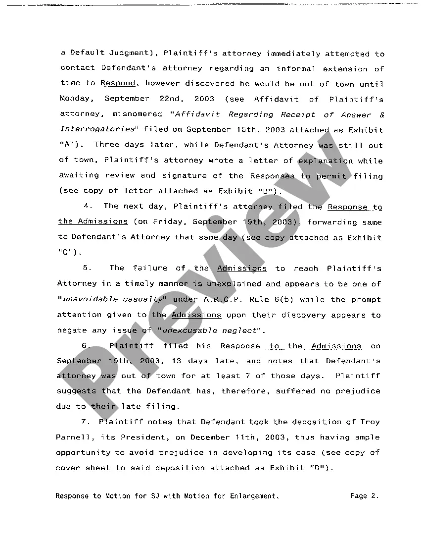 Preview A18 Response to Defendant's Motion for Summary Judgment with Plaintiff's Motion for Enlargement of Time to Answer Admissions
