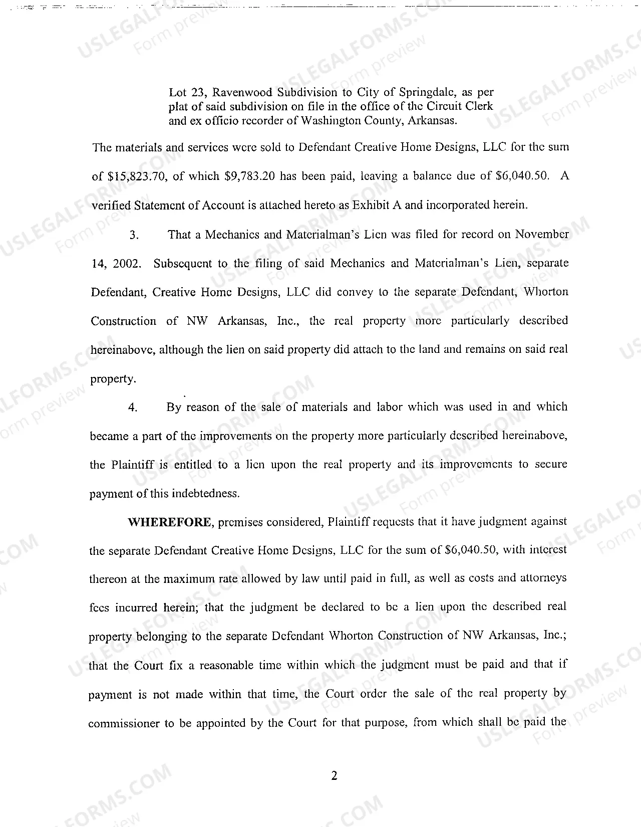 Preview A02 Complaint on a Materialman's Lien