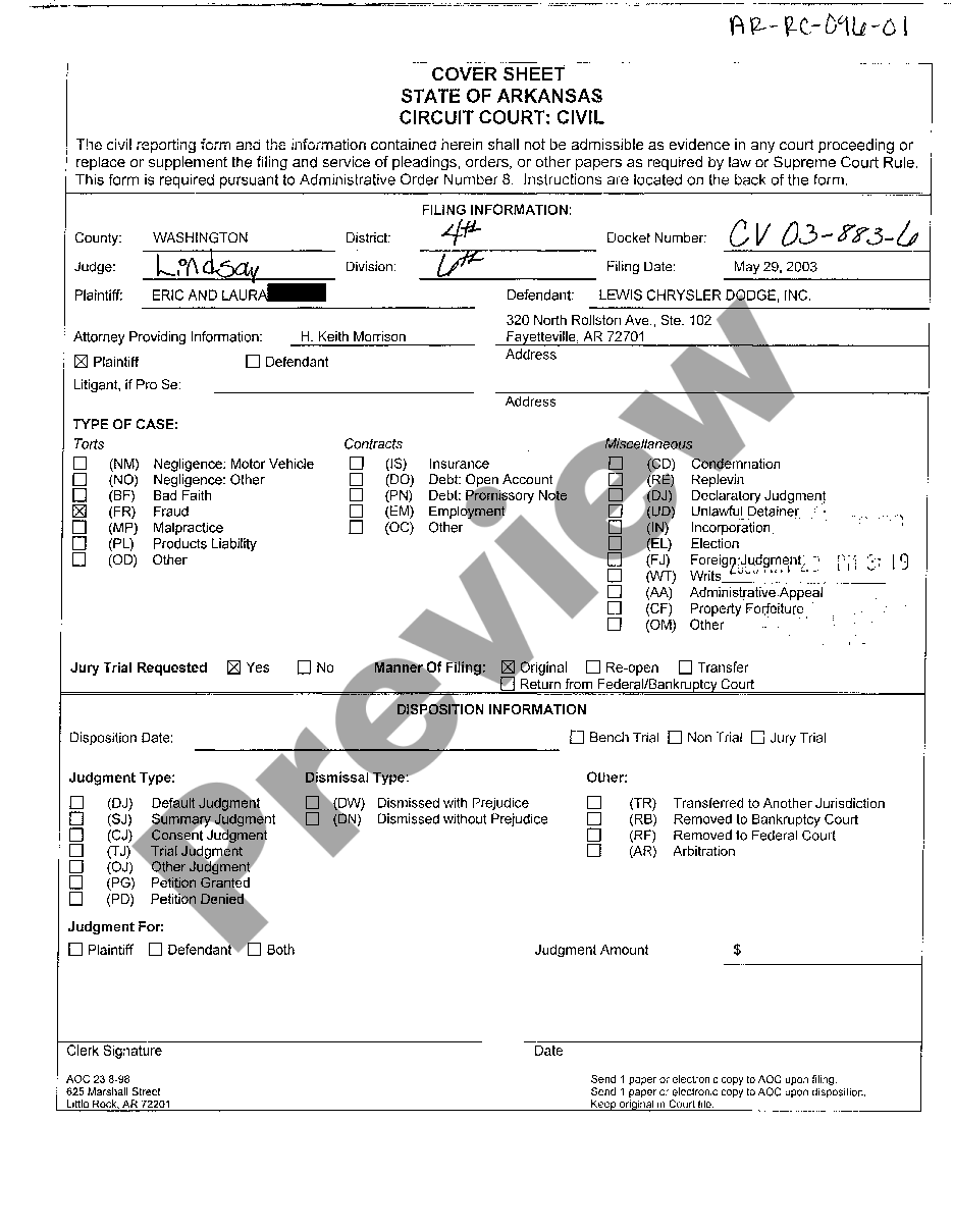 Arkansas Civil Cover Sheet Us Legal Forms 5073