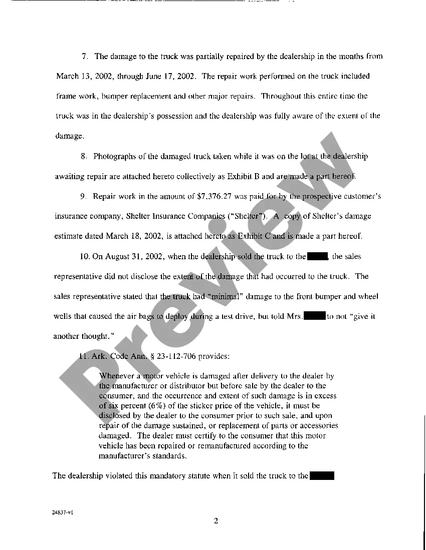 Get A02 Complaint for Fraud, Breach of Contract and Violation of The Arkansas Motor Vehicle Commission Act Preview A02 Complaint for Fraud, Breach of Contract and Violation of The Arkansas Motor Vehicle Commission Act