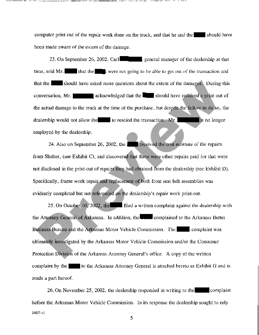 Get A02 Complaint for Fraud, Breach of Contract and Violation of The Arkansas Motor Vehicle Commission Act Preview A02 Complaint for Fraud, Breach of Contract and Violation of The Arkansas Motor Vehicle Commission Act