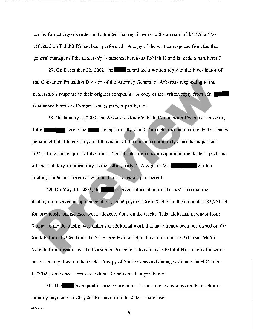 Get A02 Complaint for Fraud, Breach of Contract and Violation of The Arkansas Motor Vehicle Commission Act Preview A02 Complaint for Fraud, Breach of Contract and Violation of The Arkansas Motor Vehicle Commission Act