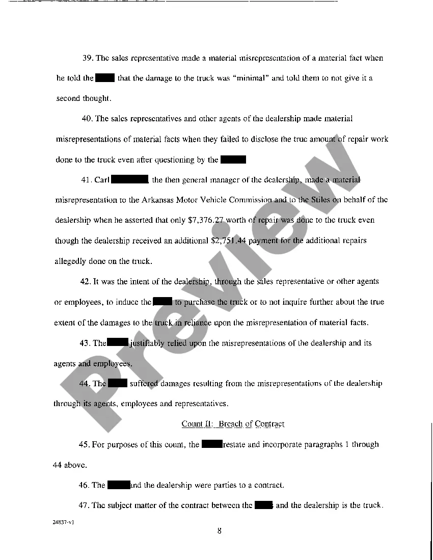 Get A02 Complaint for Fraud, Breach of Contract and Violation of The Arkansas Motor Vehicle Commission Act Preview A02 Complaint for Fraud, Breach of Contract and Violation of The Arkansas Motor Vehicle Commission Act