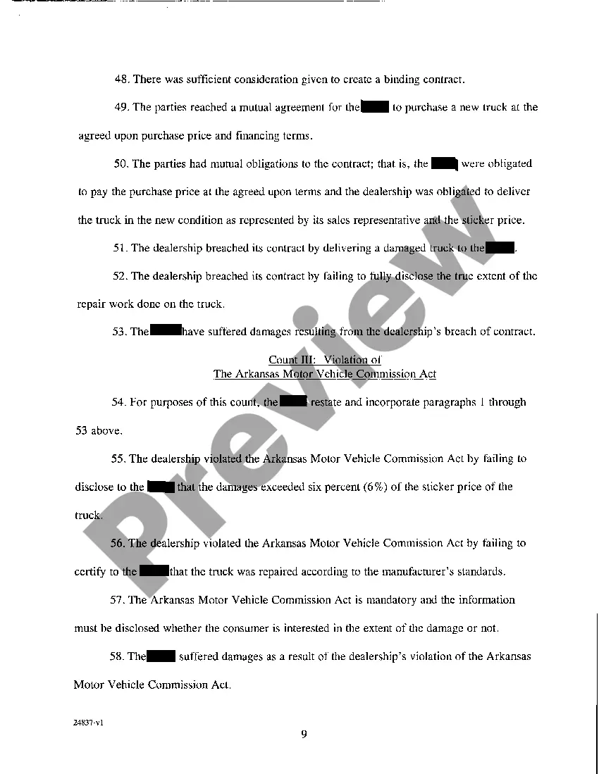 Get A02 Complaint for Fraud, Breach of Contract and Violation of The Arkansas Motor Vehicle Commission Act Preview A02 Complaint for Fraud, Breach of Contract and Violation of The Arkansas Motor Vehicle Commission Act