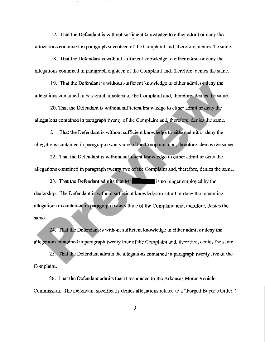 Preview A04 Answer to Complaint for Fraud, Breach of Contract and Violation of The Arkansas Motor Vehicle Commission Act