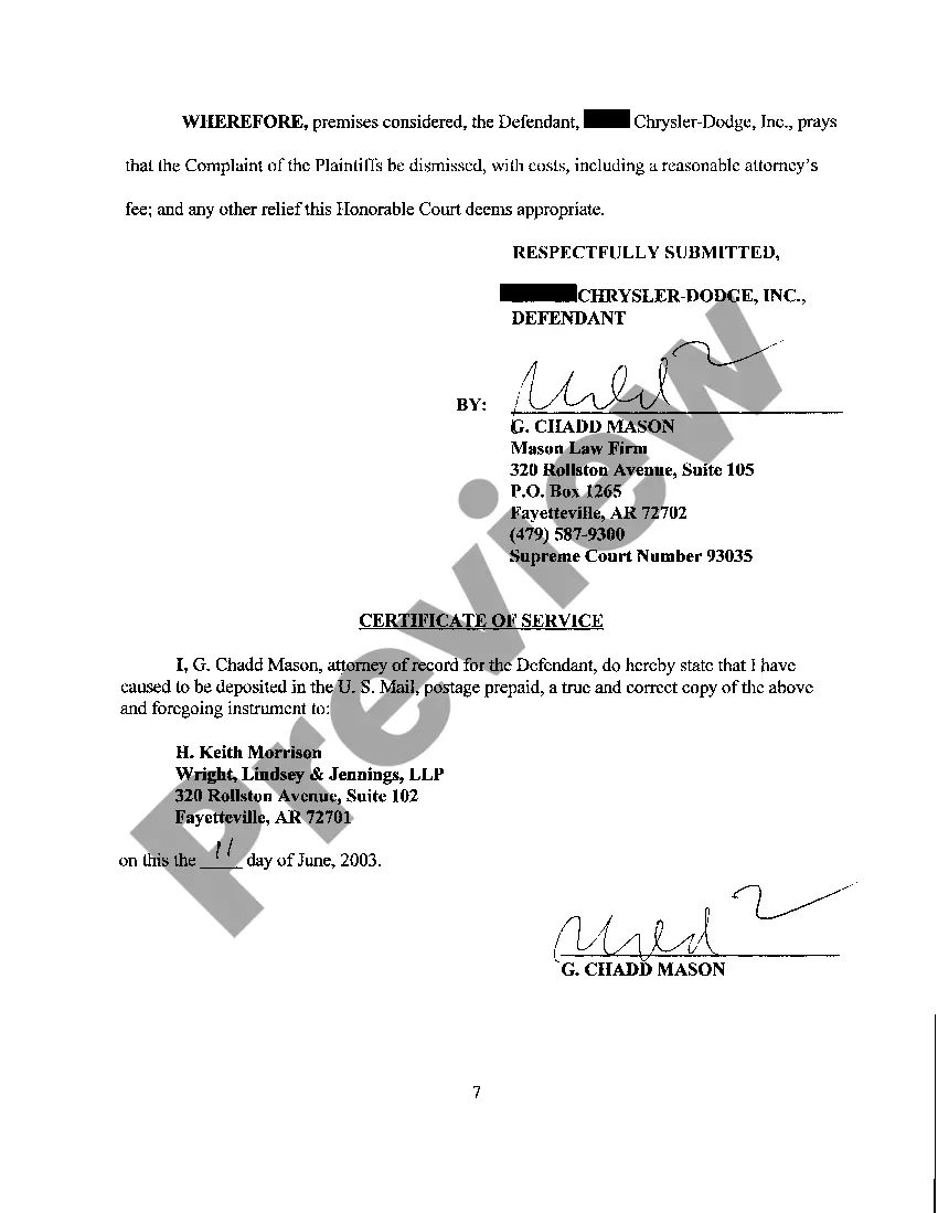 Preview A04 Answer to Complaint for Fraud, Breach of Contract and Violation of The Arkansas Motor Vehicle Commission Act