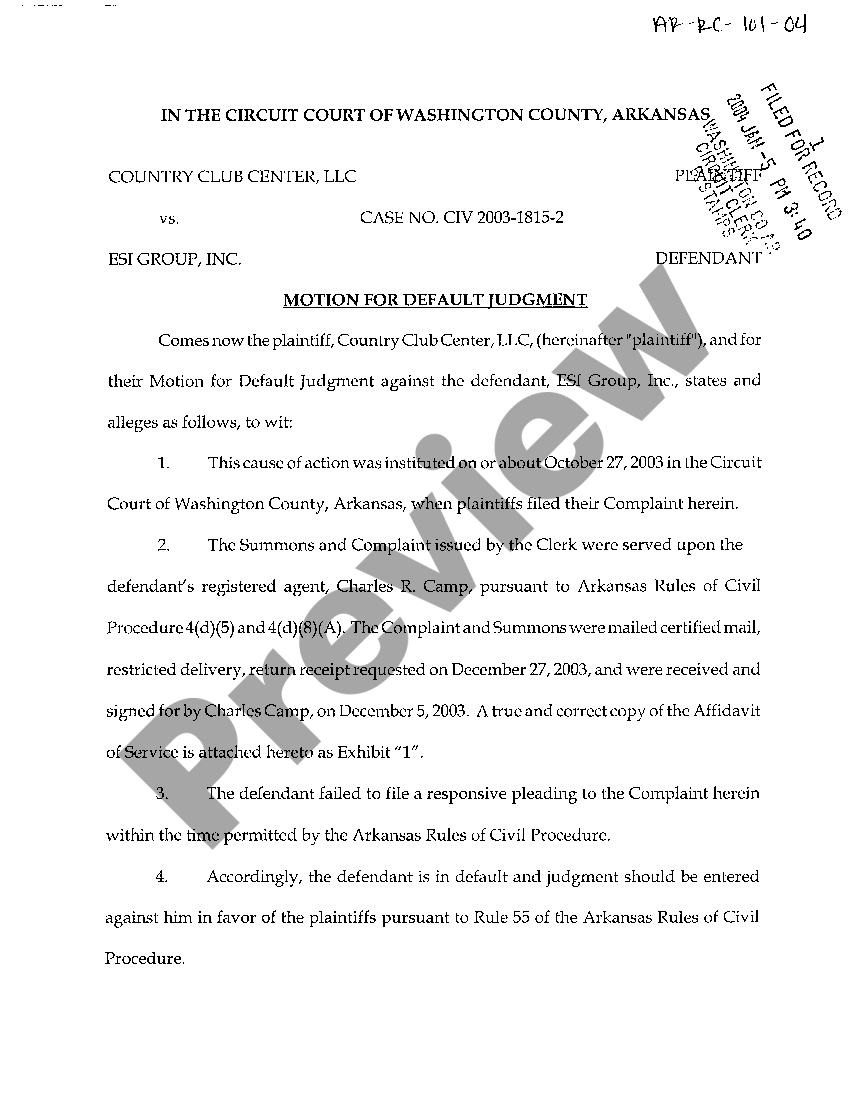 Little Rock Arkansas Motion for Default Judgment US Legal Forms