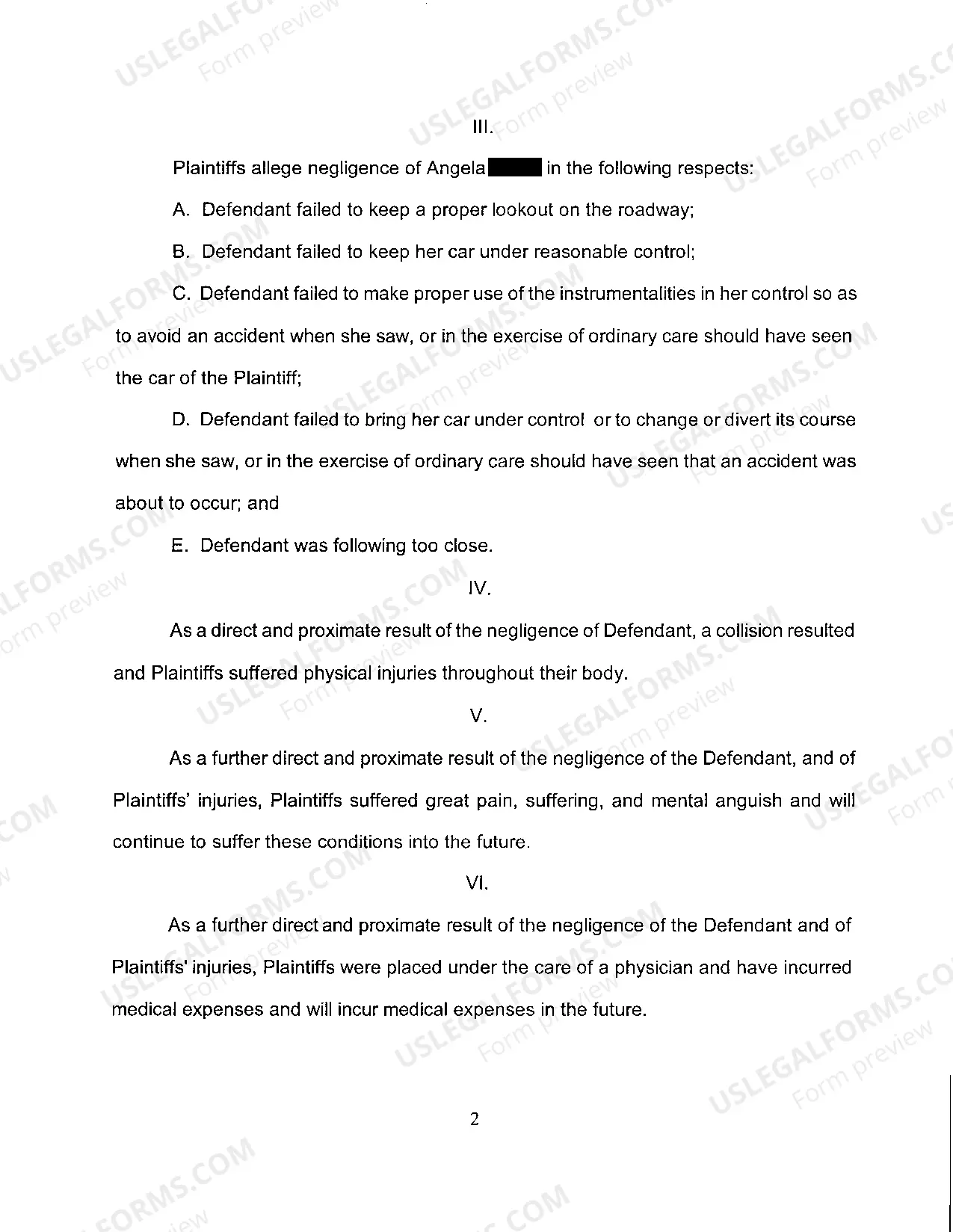 Preview A02 Complaint for Motor Vehicle Negligence