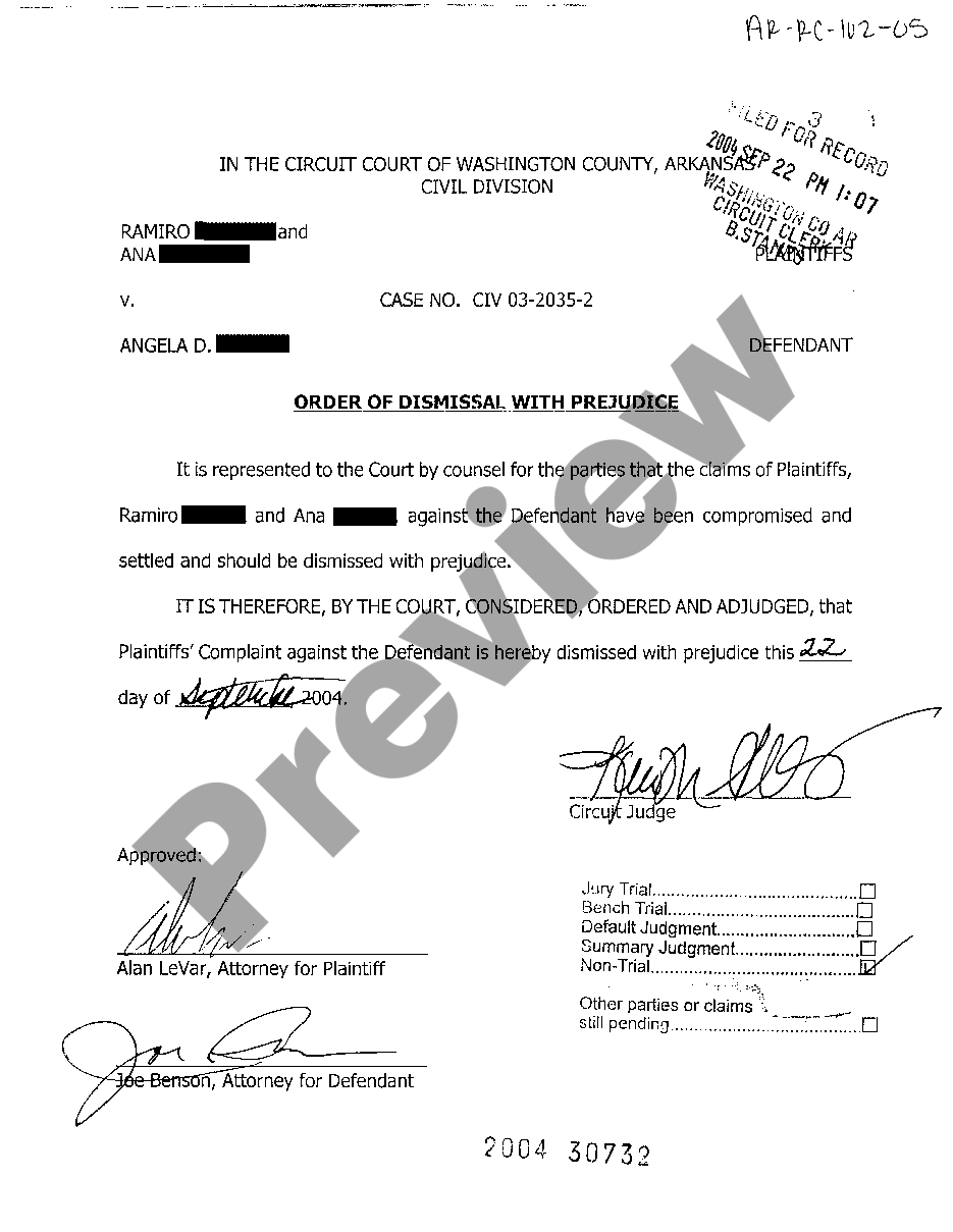 Arkansas Order of Dismissal with Prejudice | US Legal Forms