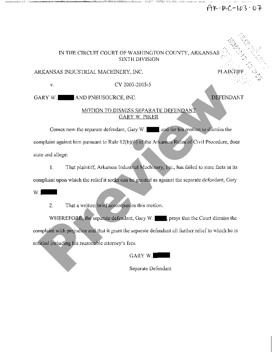 Arkansas Motion To Dismiss Separate Defendant Us Legal Forms 4497