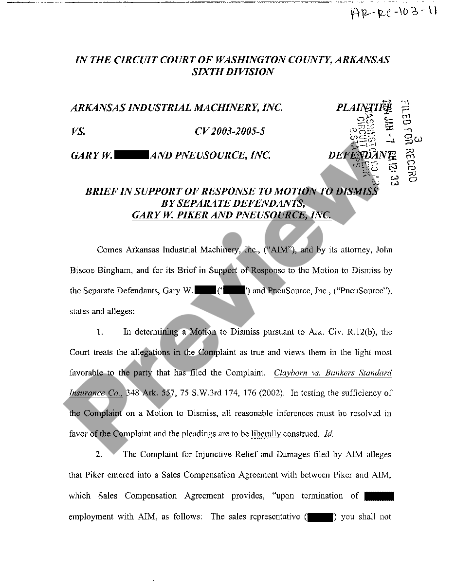 Arkansas Brief In Support Of Response To Motion To Dismiss By Separate Defendants Us Legal Forms 0494