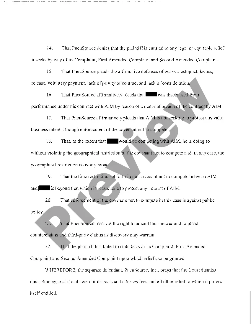 Preview A20 Answer of Separate Defendant to Complaint for Injunctive Relief and Damages