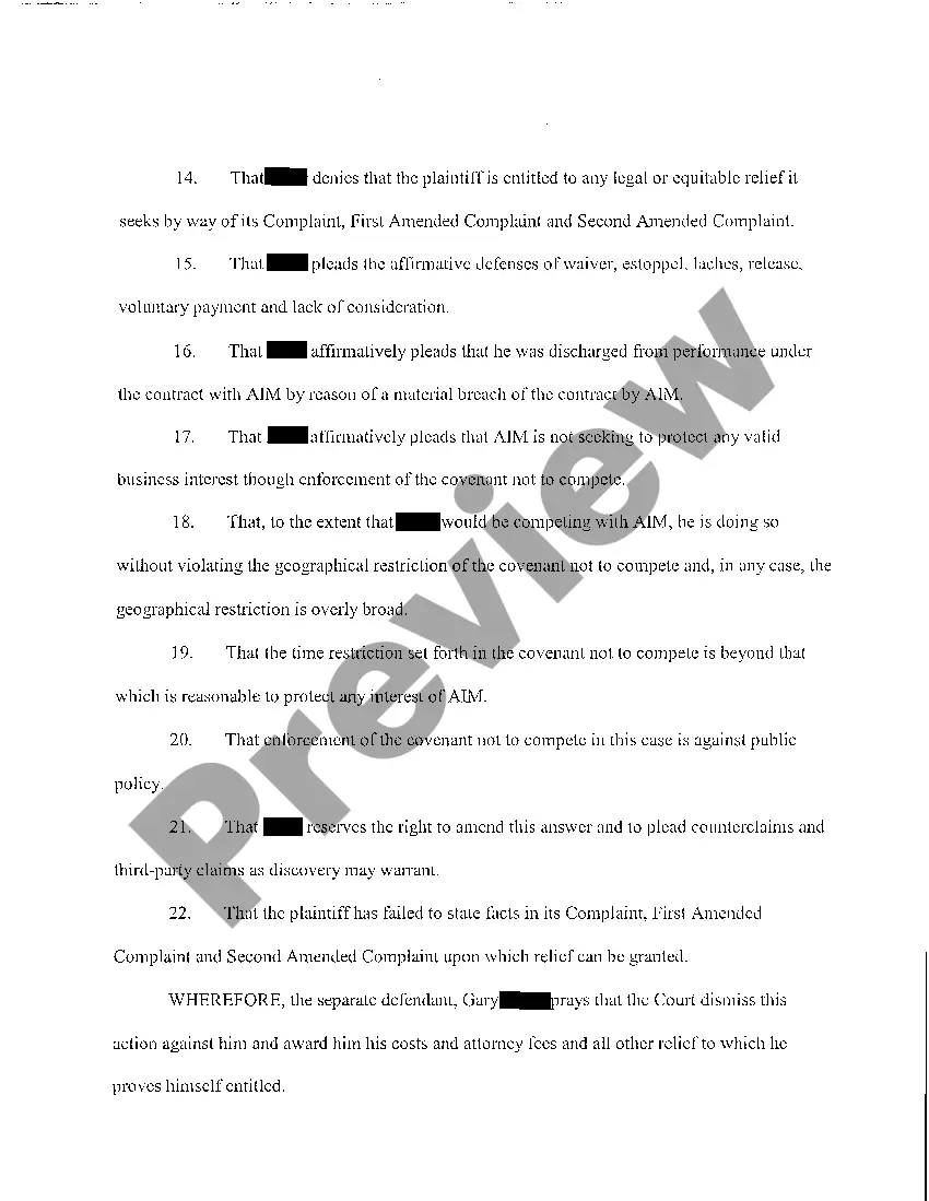 Preview A21 Answer of Separate Defendant to Complaint for Injunctive Relief and Damages