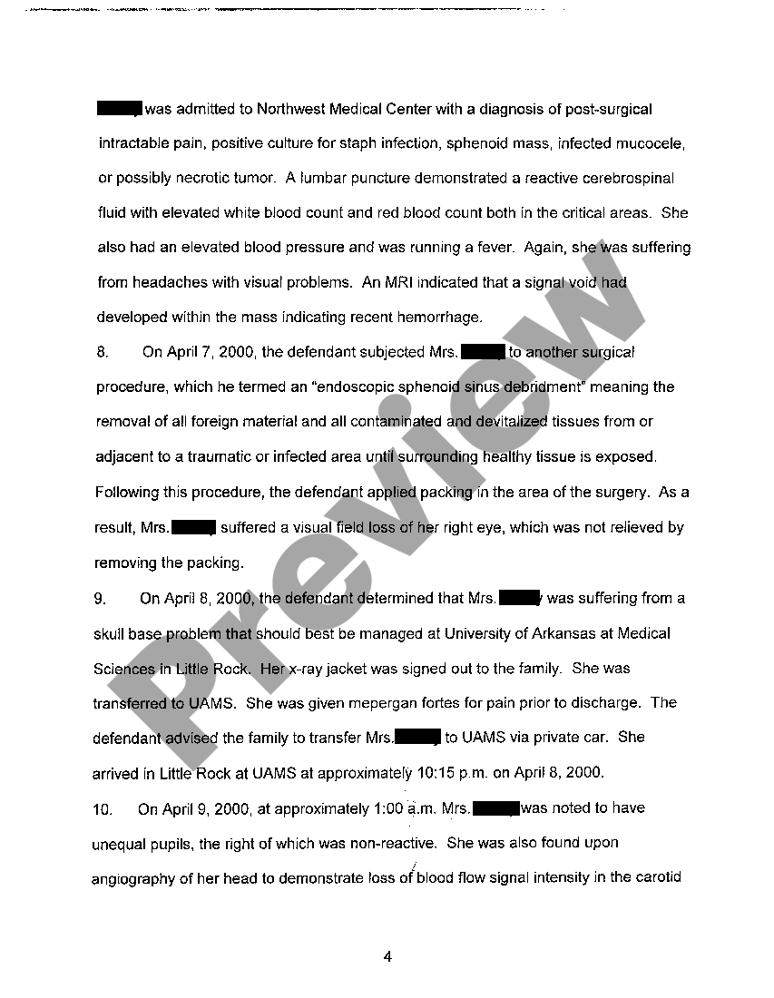 Arkansas Complaint for Medical Negligence and Wrongful Death Wanada Page Parker US Legal Forms