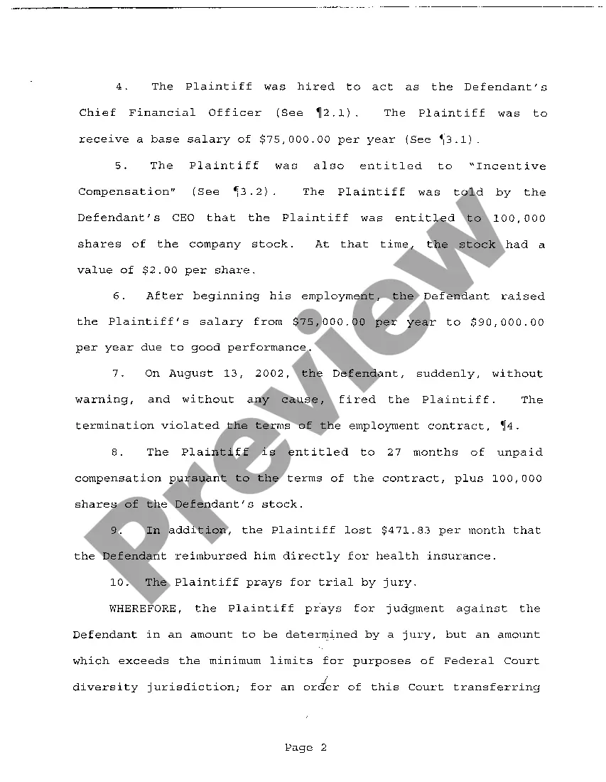 Preview A02 Complaint for Breach of Employment Contract