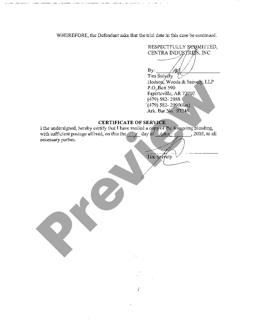 Arkansas Defendant's Motion for Continuance Motion For Continuance