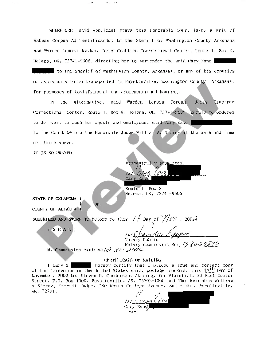 Preview A08 Application for a Writ of Habeas Corpus Ad Testificandum