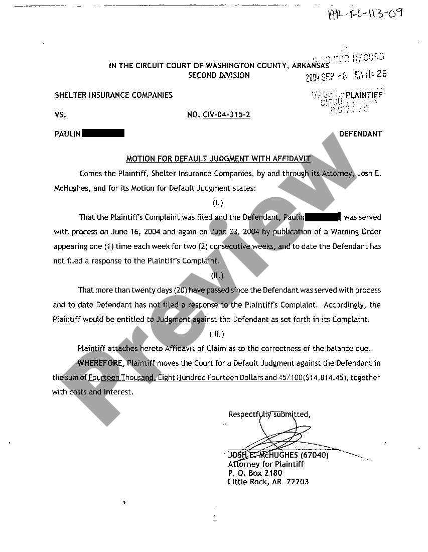Little Rock Arkansas Motion for Default Judgment on Complaint for Motor