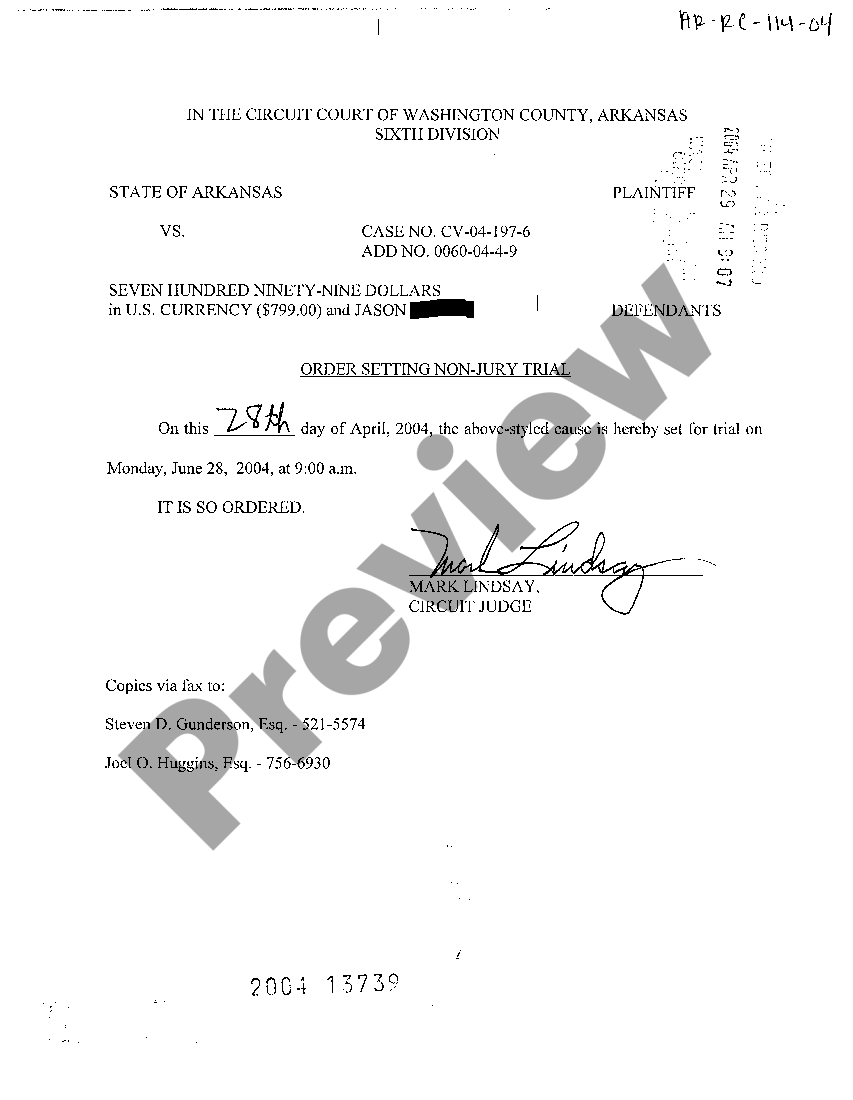Arkansas Order Setting NonJury Trial US Legal Forms