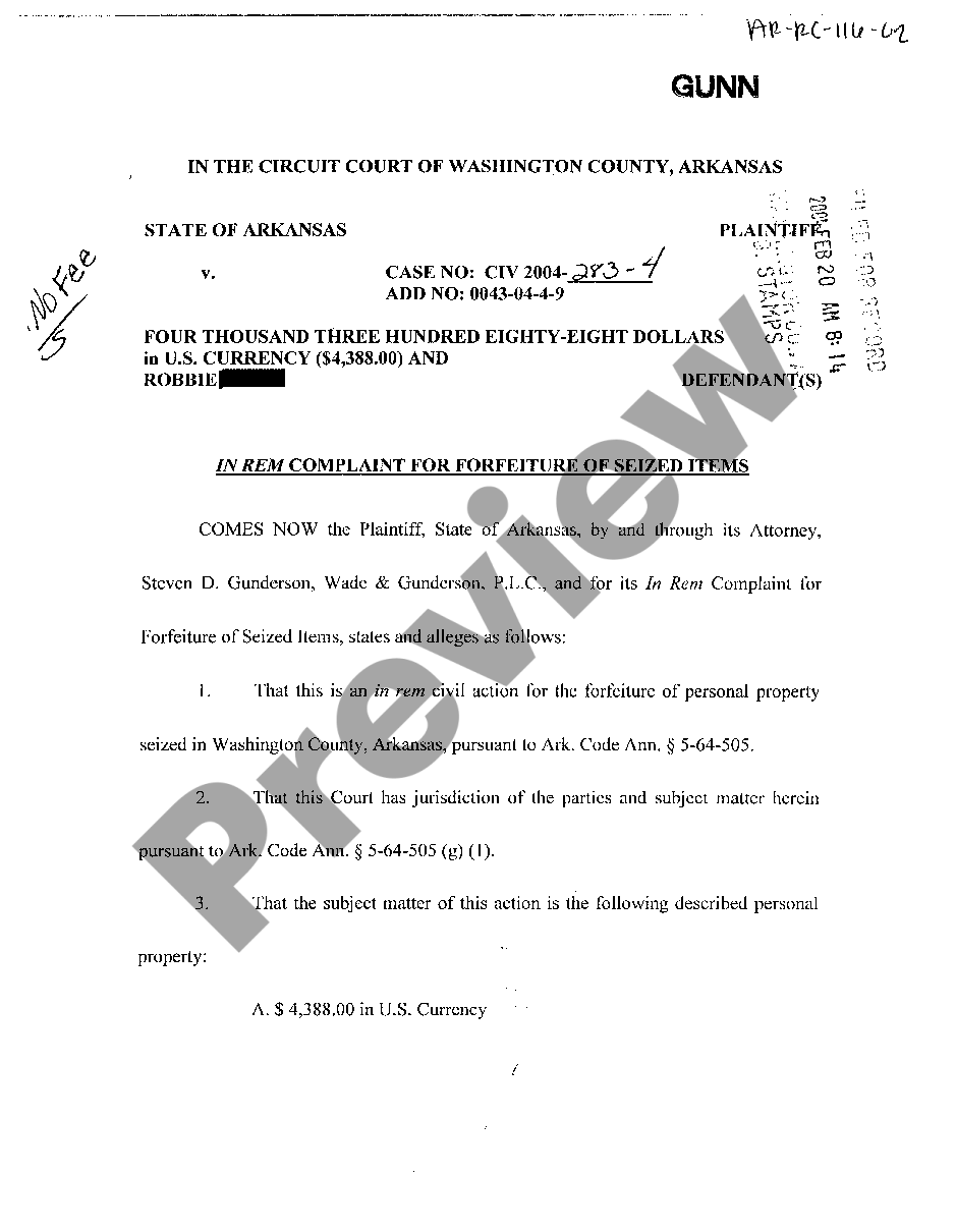 Arkansas In Re Complaint For Forfeiture Of Seized Items Us Legal Forms 6013