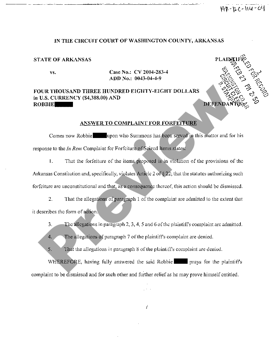 Arkansas Answer to Complaint for Forfeiture of Seized Items | US Legal ...