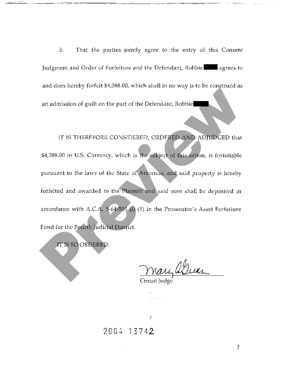 Arkansas Consent Judgment And Order Of Forfeiture Of Seized Items Us Legal Forms 4231