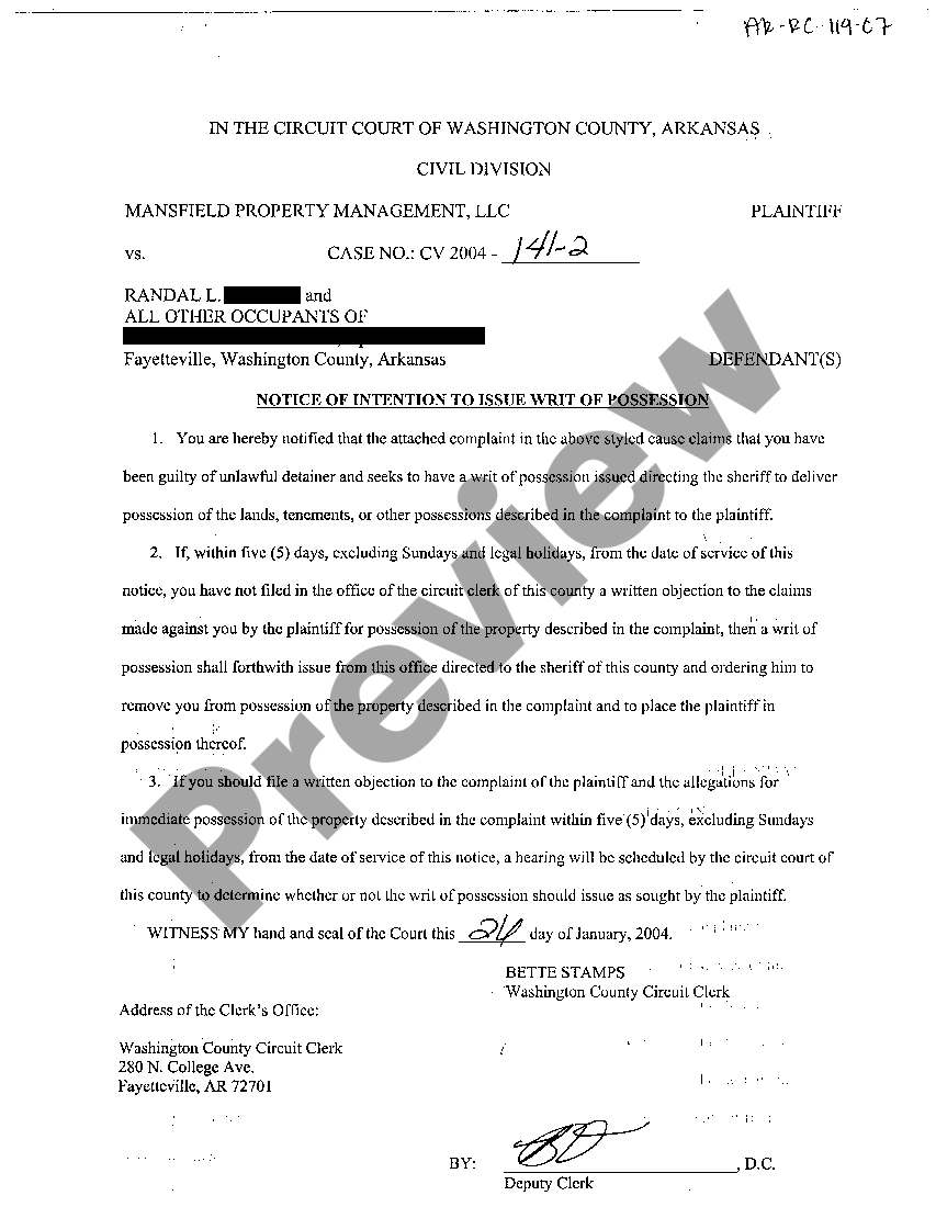 Arkansas Notice of Intention to Issue Writ of Possession Arkansas